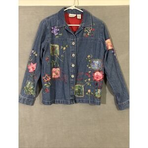 Vintage Womens PM Denim Jean Jacket Floral Embroidery Patches Boho Hippie Medium